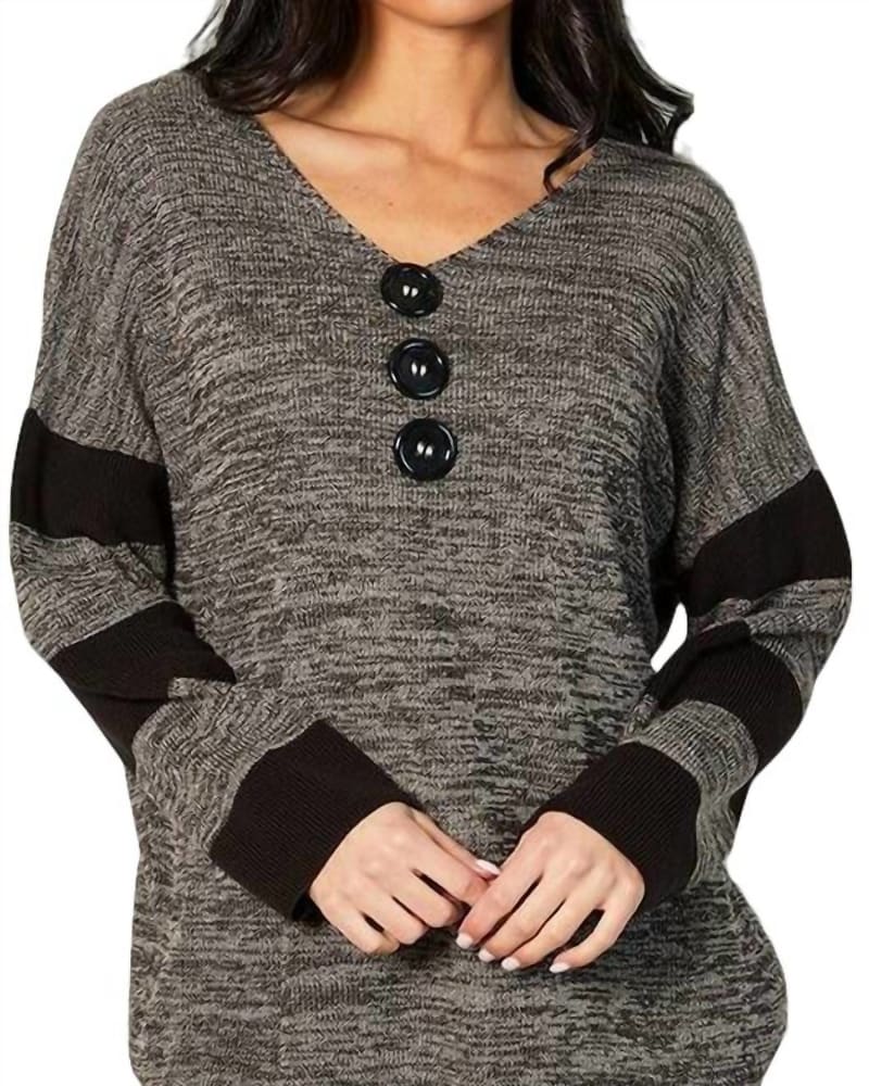 Front of a model wearing a size 2X V- Neck Button Pullover in Stone/Black in Stone/Black by ANGEL. | dia_product_style_image_id:326845